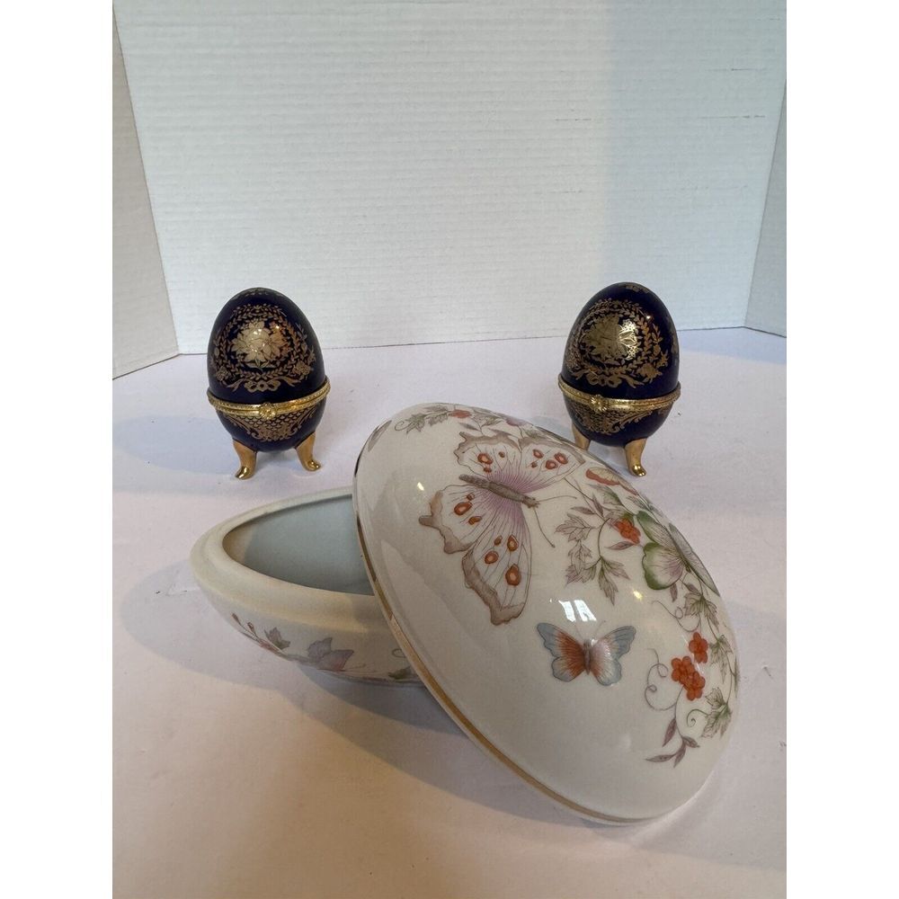Avon‎ Fine Porcelain Butterfly Easter Egg With 22K Gold Trim +2 Porcelain Eggs